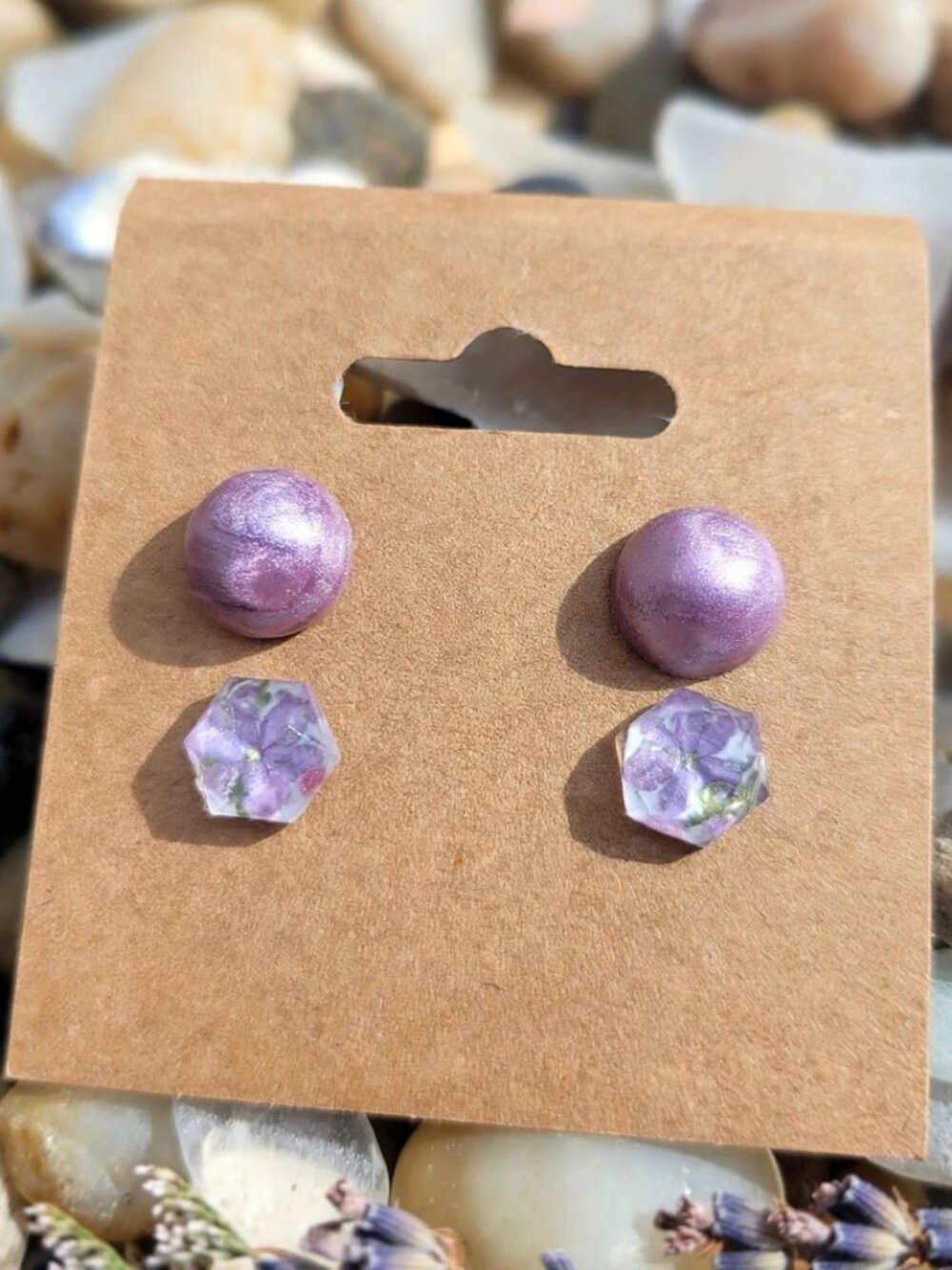 Stud Earring Set - Purple Shimmer and Hexagon Floral, Handmade